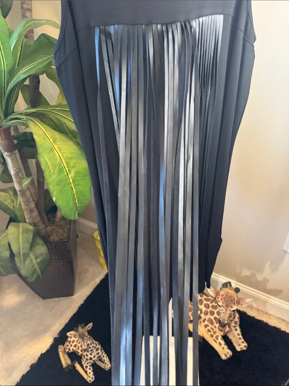 Black faux leather Fringe Tank Dress - Sleeveless Scoop Neck. Size M